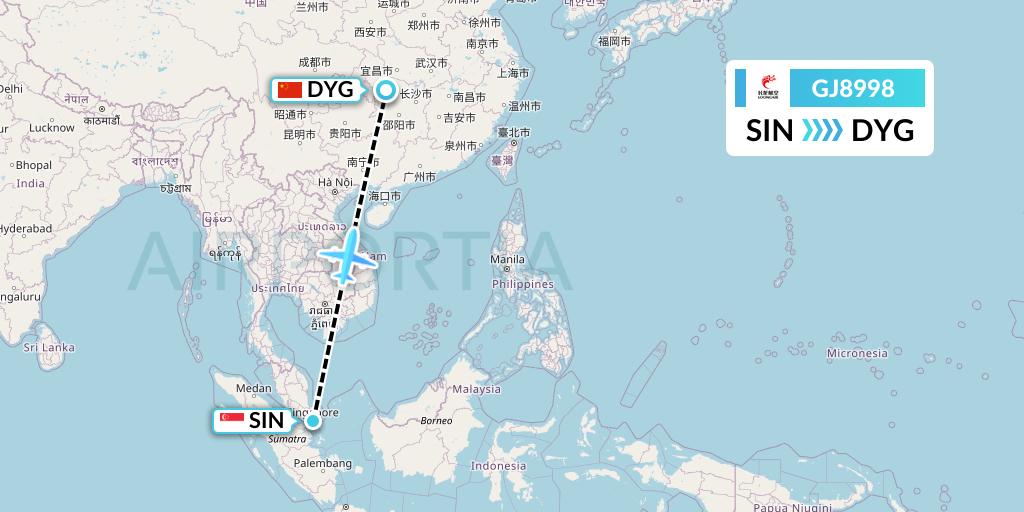 GJ8998 Loong Airlines Flight Map: Singapore to Dayong
