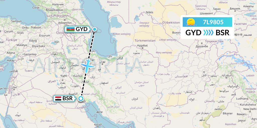 7L9805 Silk Way West Airlines Flight Map: Baku to Basra