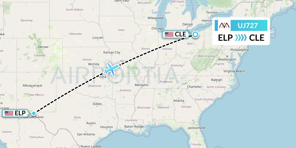UJ727 AlMasria Universal Airlines Flight Map: El Paso to Cleveland