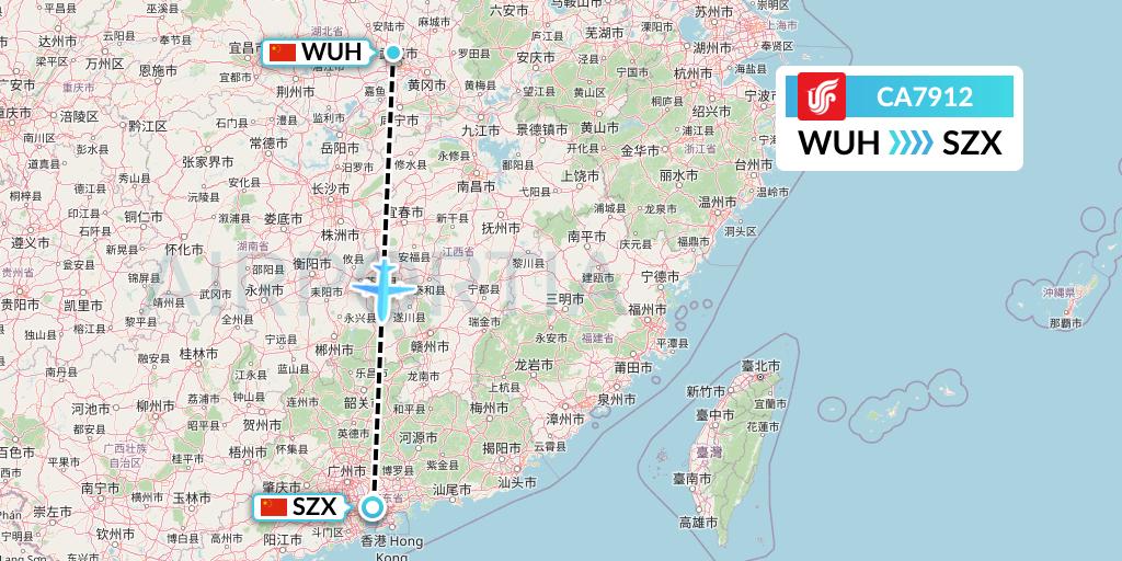 CA7912 Air China Flight Map: Wuhan to Shenzhen