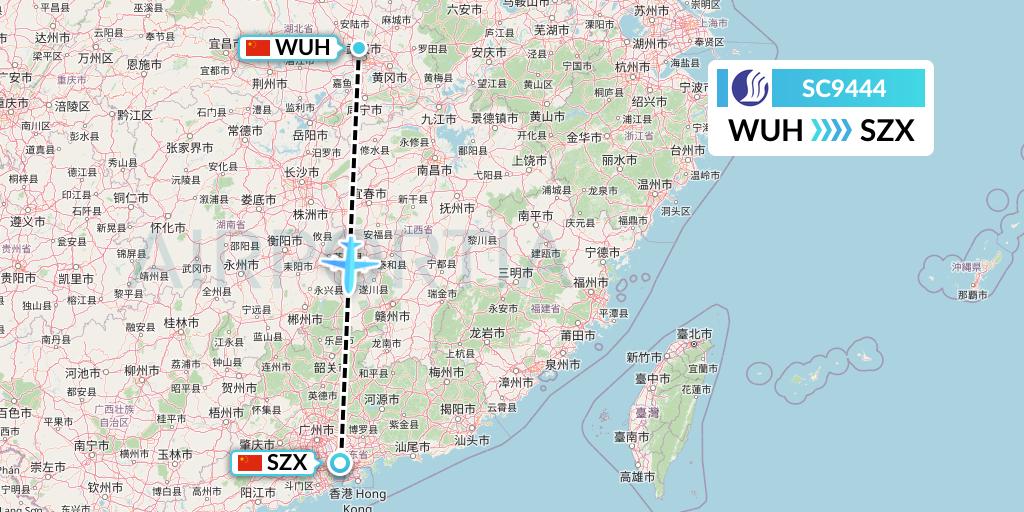SC9444 Shandong Airlines Flight Map: Wuhan to Shenzhen