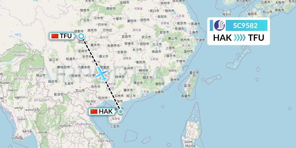 SC9582 Shandong Airlines Flight Map: Haikou to Chengdu