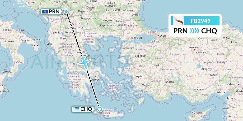 FB2949 Bulgaria Air Flight Map: Pristina to Chania