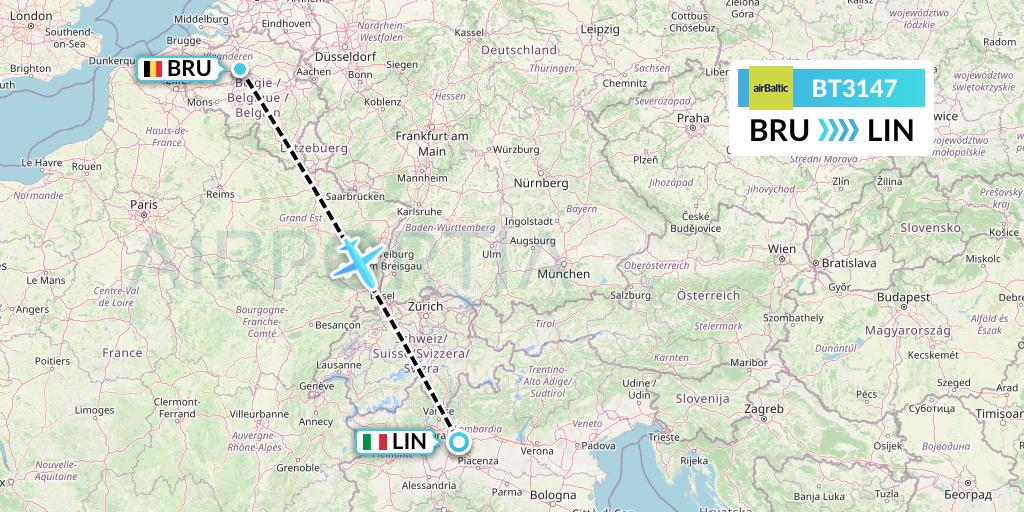BT3147 Air Baltic Flight Map: Brussels to Milan