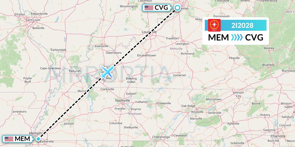 2I2028 Star Peru Flight Map: Memphis to Cincinnati