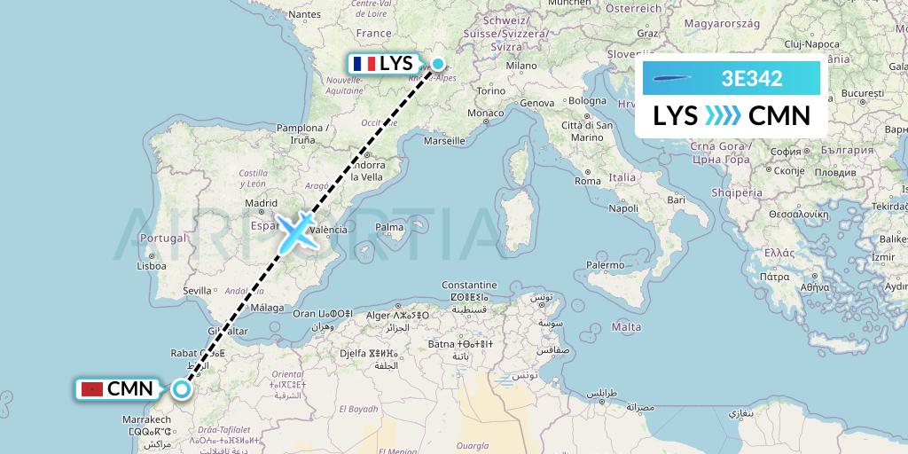 3E342 Air Choice One Flight Map: Lyon to Casablanca
