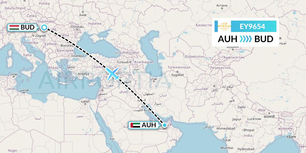 EY9654 Etihad Airways Flight Map: Abu Dhabi to Budapest