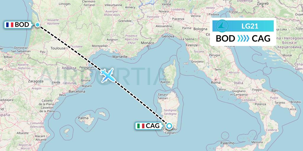 LG21 Luxair Flight Map: Bordeaux to Cagliari