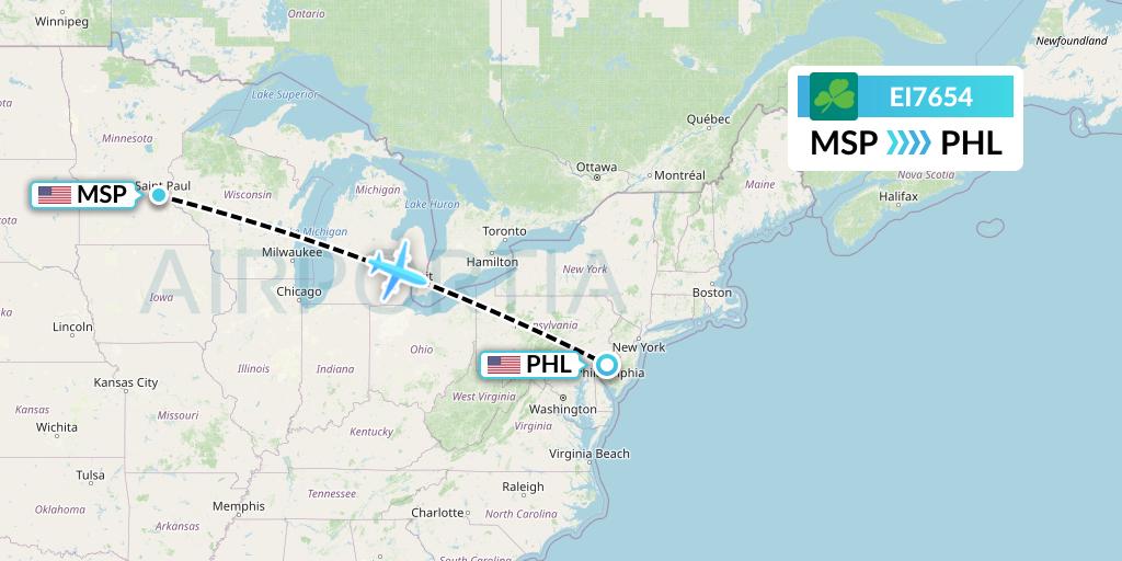 EI7654 Aer Lingus Flight Map: Minneapolis to Philadelphia