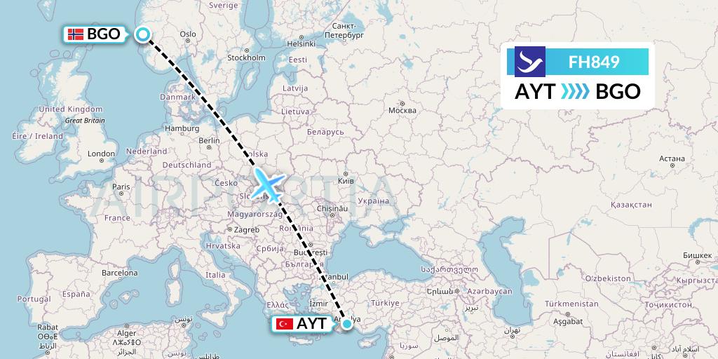 FH849 Freebird Airlines Flight Map: Antalya to Bergen