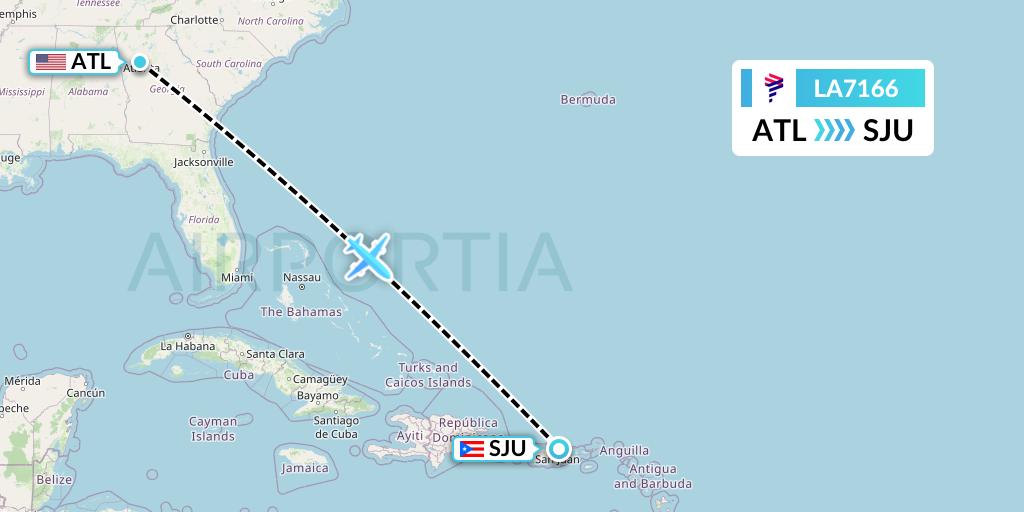 LA7166 LAN Airlines Flight Map: Atlanta to San Juan