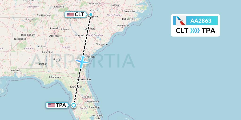 AA2863 American Airlines Flight Map: Charlotte to Tampa