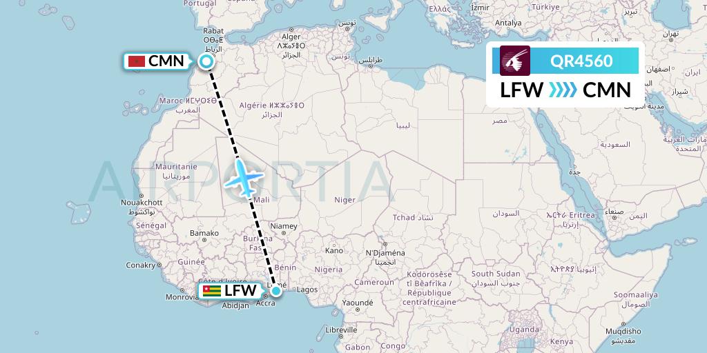 QR4560 Qatar Airways Flight Map: Lome to Casablanca