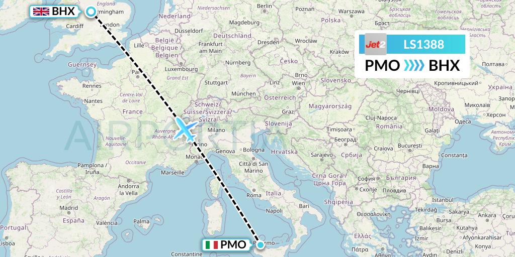 LS1388 Jet2 Flight Map: Palermo to Birmingham