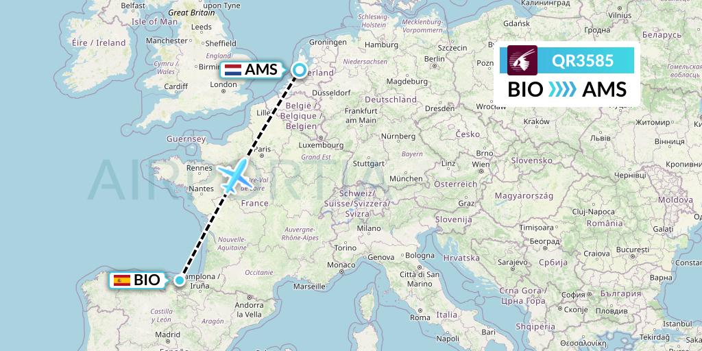 QR3585 Qatar Airways Flight Map: Bilbao to Amsterdam