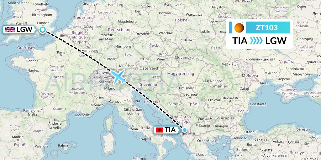 ZT103 Titan Airways Flight Map: Tirana to London