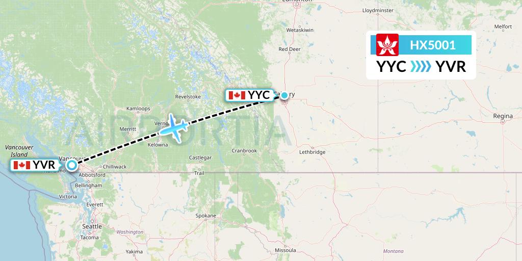 HX5001 Hong Kong Airlines Flight Map: Calgary to Vancouver