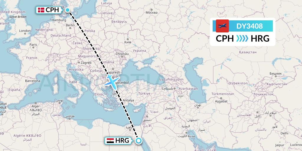 DY3408 Norwegian Flight Map: Copenhagen to Hurghada