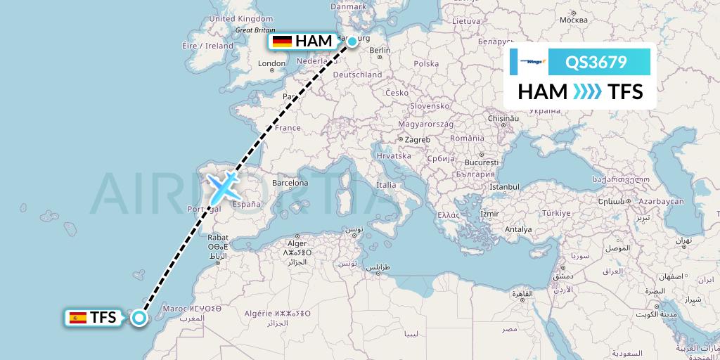QS3679 Smartwings Flight Map: Hamburg to Tenerife