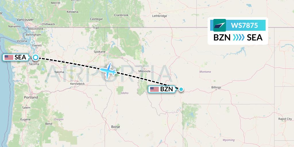 WS7875 WestJet Flight Map: Bozeman to Seattle