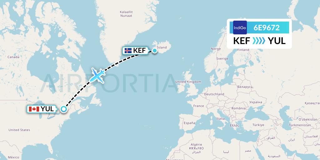 6E9672 IndiGo Airlines Flight Map: Reykjavik to Montreal