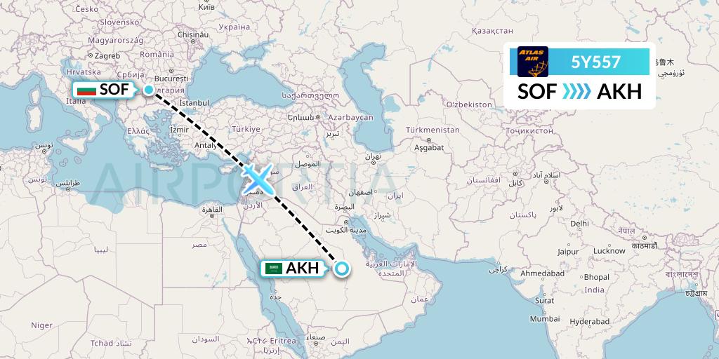 5Y557 Atlas Air Flight Map: Sofia to Saudi Arabia