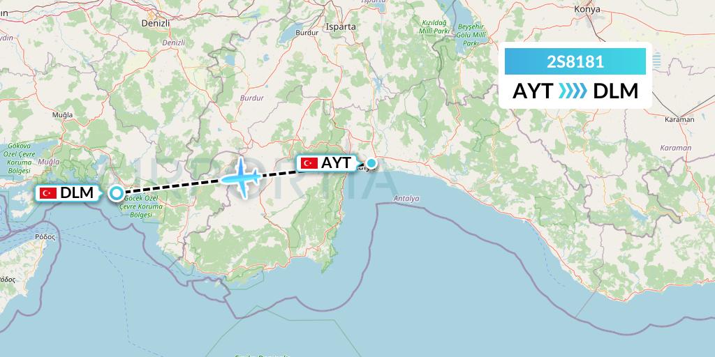 2S8181 Star Equatorial AL Flight Map: Antalya to Dalaman