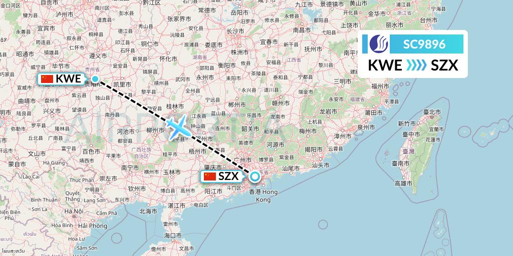 SC9896 Shandong Airlines Flight Map: Guiyang to Shenzhen
