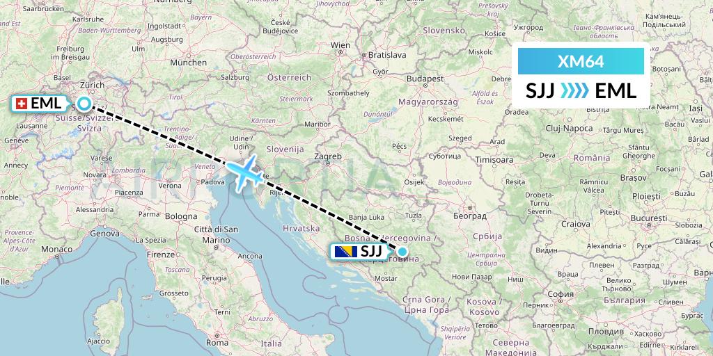 XM64 Zimex Aviation Ltd Flight Map: Sarajevo to Luzern