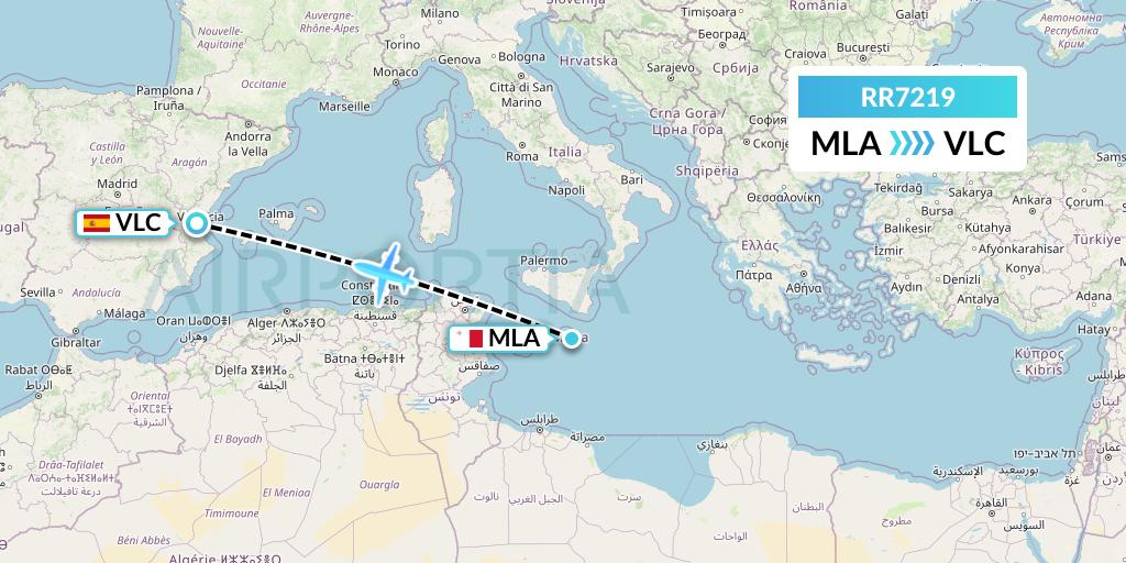 RR7219 Royal Air Force Flight Map: Malta to Valencia