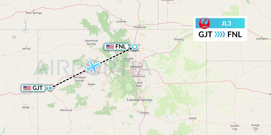 JL3 Japan Airlines Flight Map: Grand Junction to Fort Collins