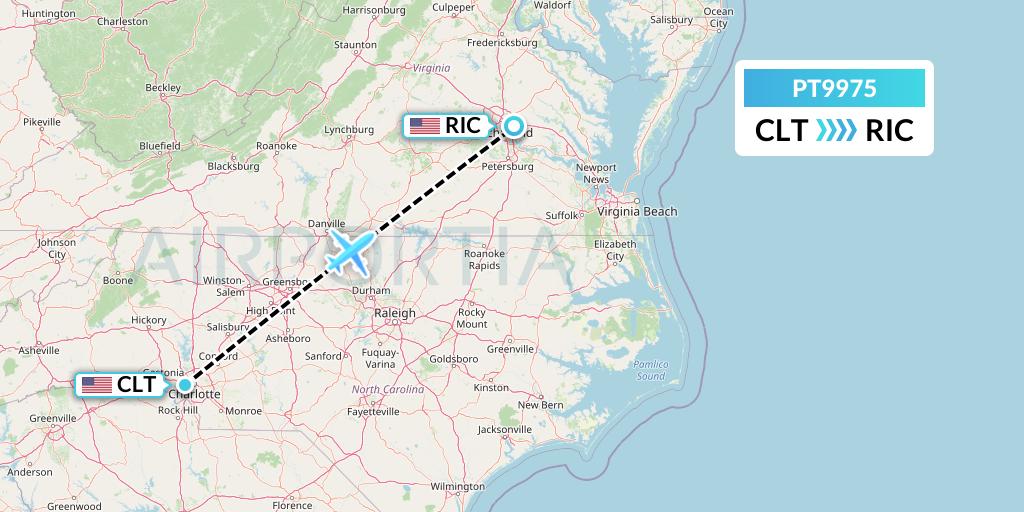 PT9975 Piedmont Airlines Flight Map: Charlotte to Richmond