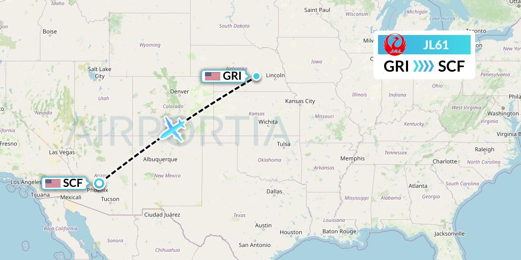 JL61 Japan Airlines Flight Map: Grand Island to Scottsdale