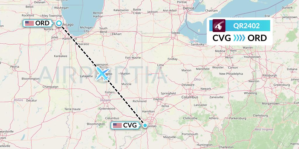 QR2402 Qatar Airways Flight Map: Cincinnati to Chicago