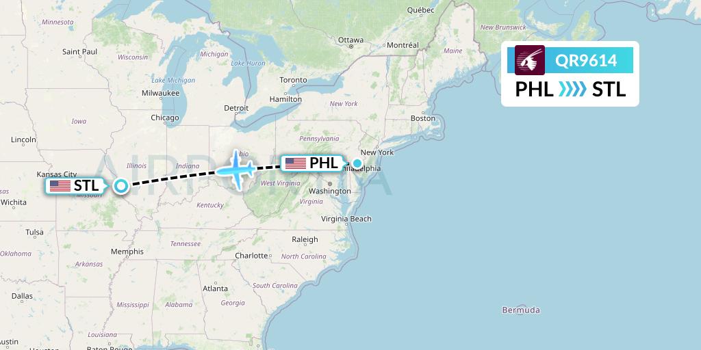 QR9614 Qatar Airways Flight Map: Philadelphia to St. Louis