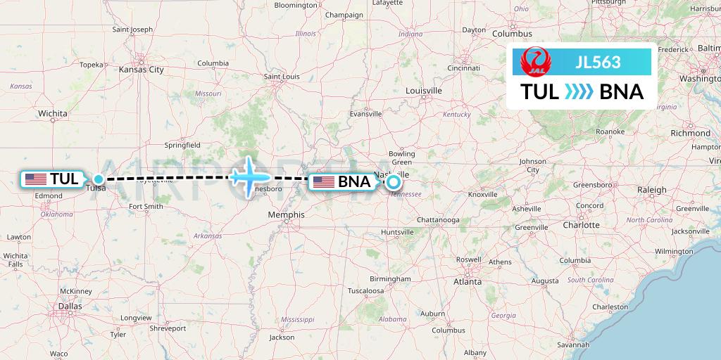 JL563 Japan Airlines Flight Map: Tulsa to Nashville