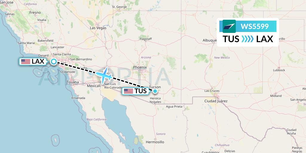 WS5599 WestJet Flight Map: Tucson to Los Angeles