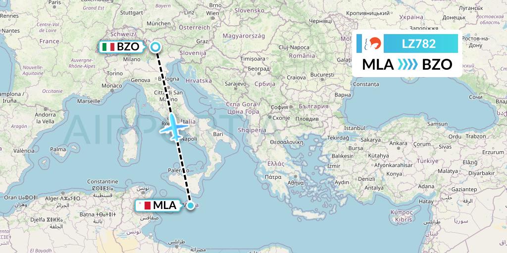LZ782 Air Link Flight Map: Malta to Bolzano