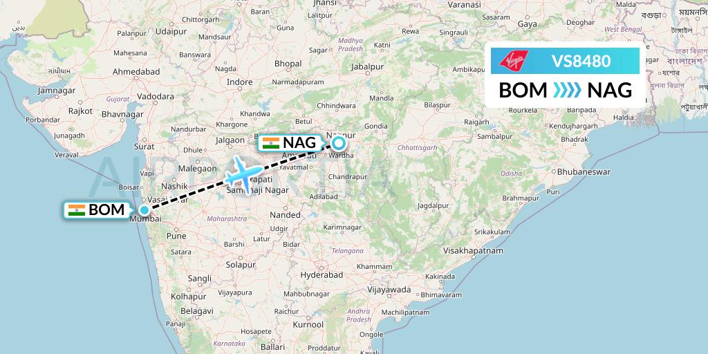 VS8480 Virgin Atlantic Airways Flight Map: Mumbai to Nagpur