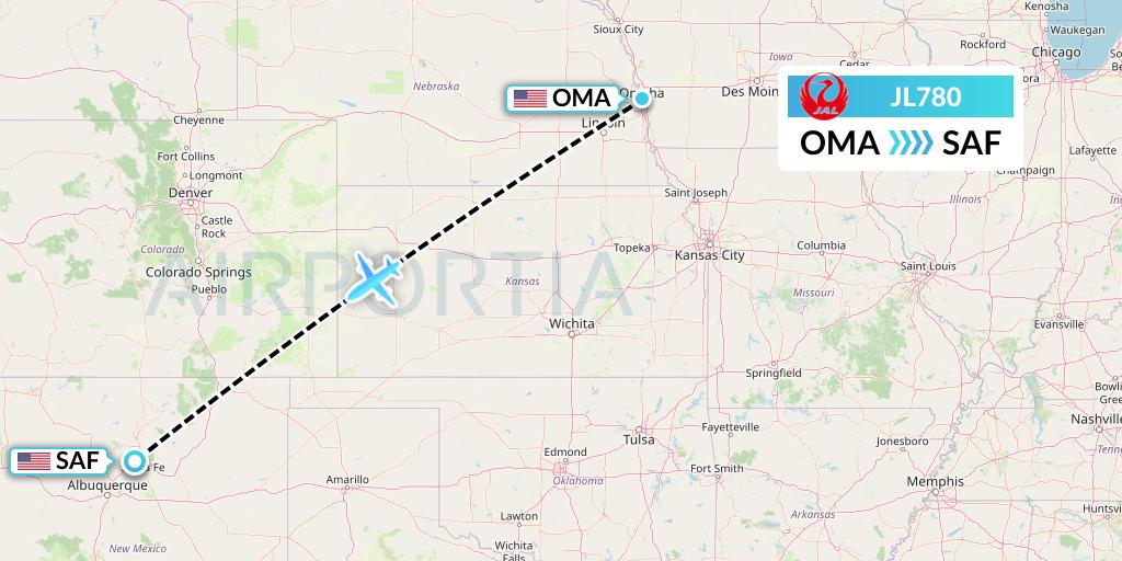 JL780 Japan Airlines Flight Map: Omaha to Santa Fe
