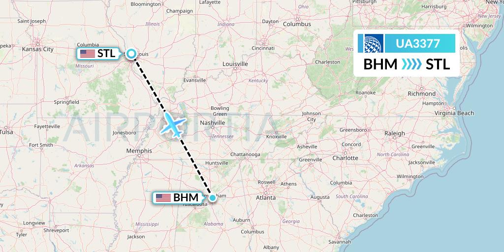 UA3377 United Airlines Flight Map: Birmingham to St. Louis