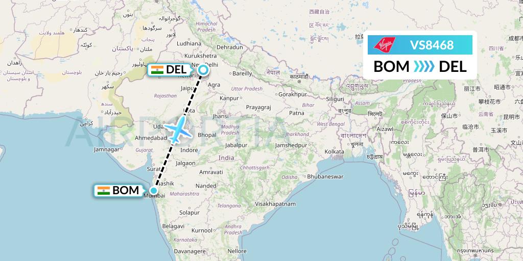 VS8468 Virgin Atlantic Airways Flight Map: Mumbai to Delhi