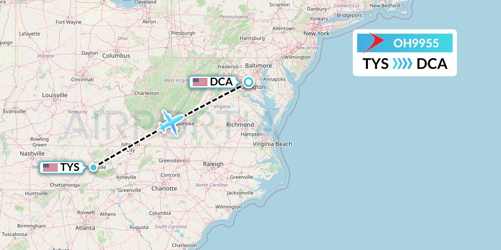 OH9955 PSA Airlines Flight Map: Knoxville to Washington